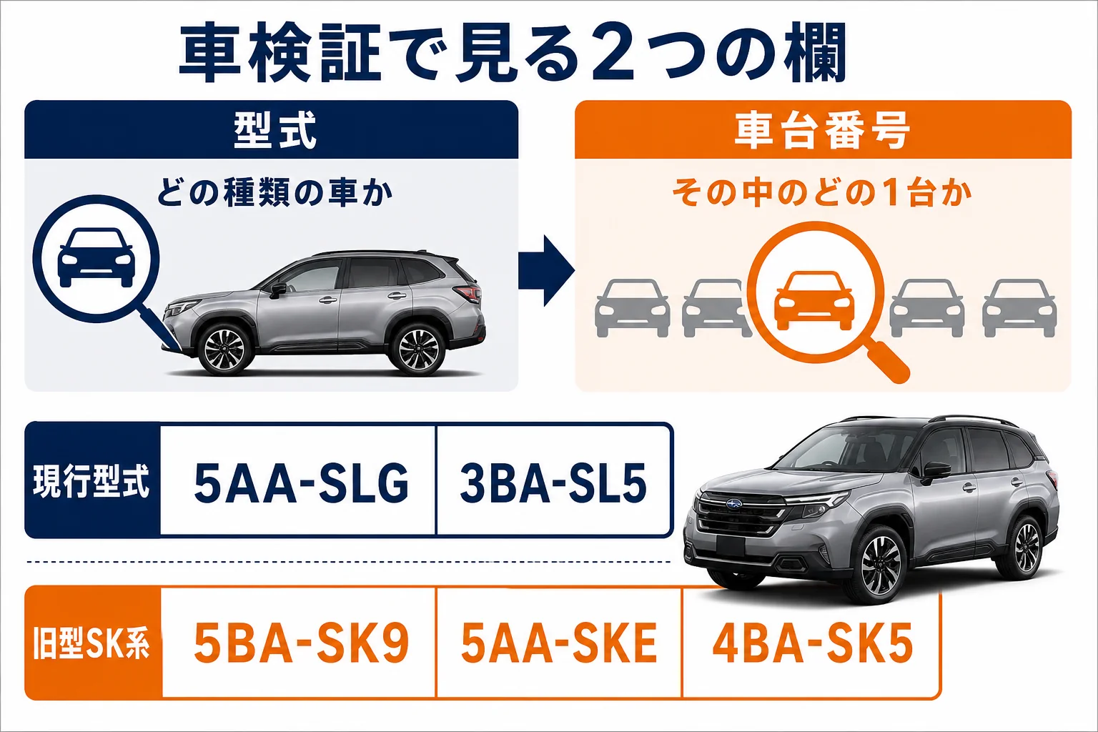 フォレスターの車検証で型式と車台番号の欄を確かめる図解
