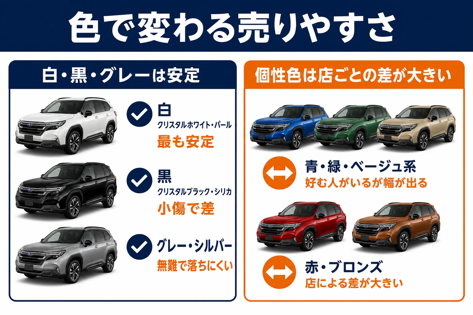フォレスターのボディカラー別の売る時の傾向を示した図解