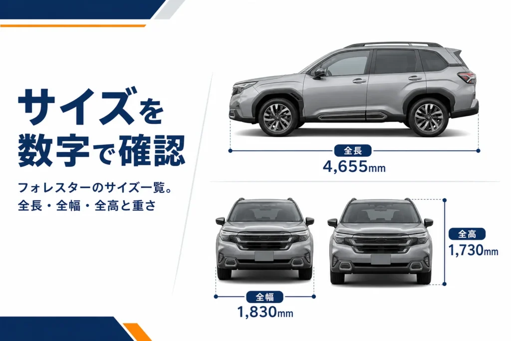 フォレスターの全長・全幅・全高を寸法線で示したイメージ