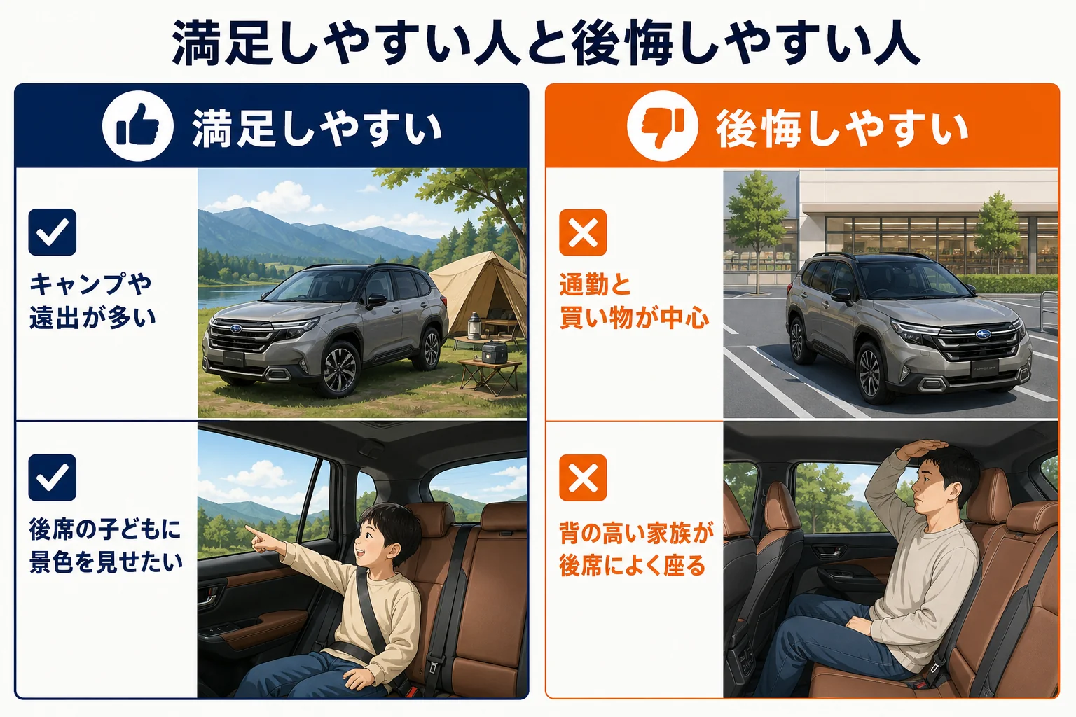 フォレスターのサンルーフを付けて満足しやすい人と後悔しやすい人を比べた図