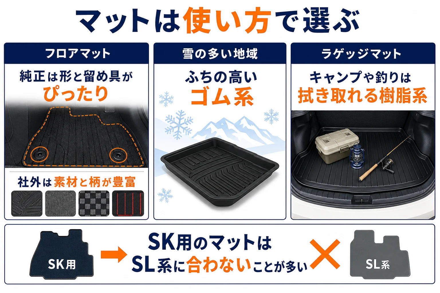 フォレスターのフロアマットとラゲッジマットを使い方に合わせて選ぶ目安を示した図解