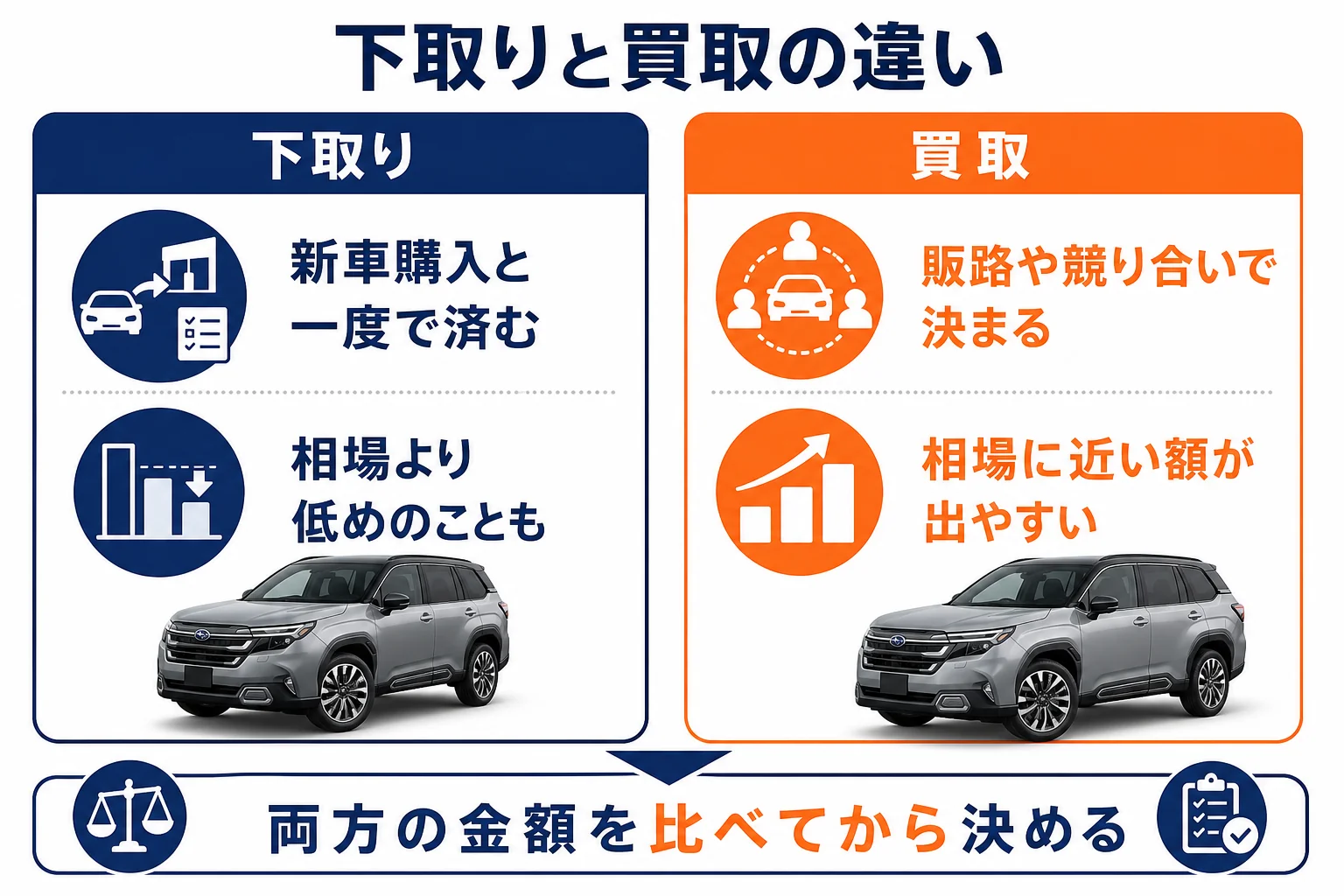 フォレスターの下取りと買取の違いを比べた図解