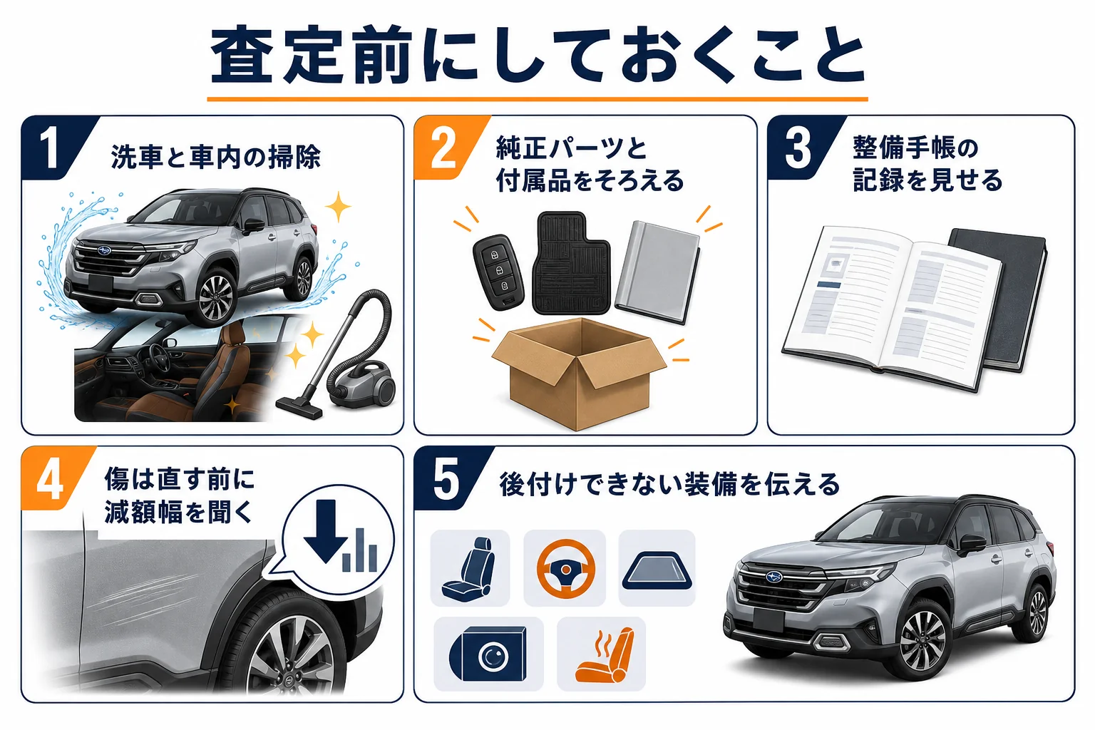 フォレスターを高く売るための査定前の準備を並べた図解