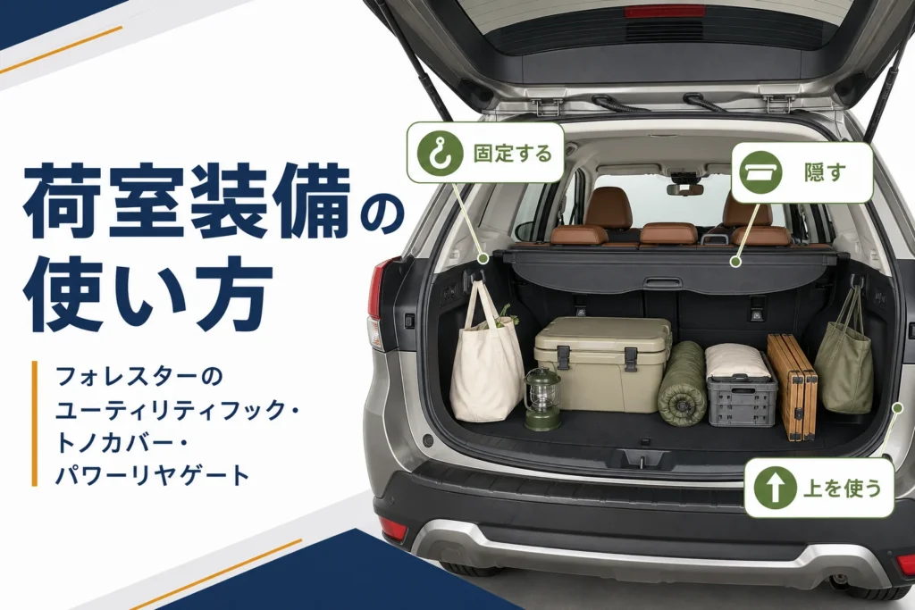 フォレスターのユーティリティフックなど荷室装備の使い方を解説する記事のアイキャッチ