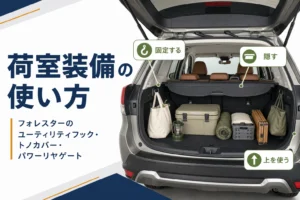 フォレスターのユーティリティフックなど荷室装備の使い方を解説する記事のアイキャッチ